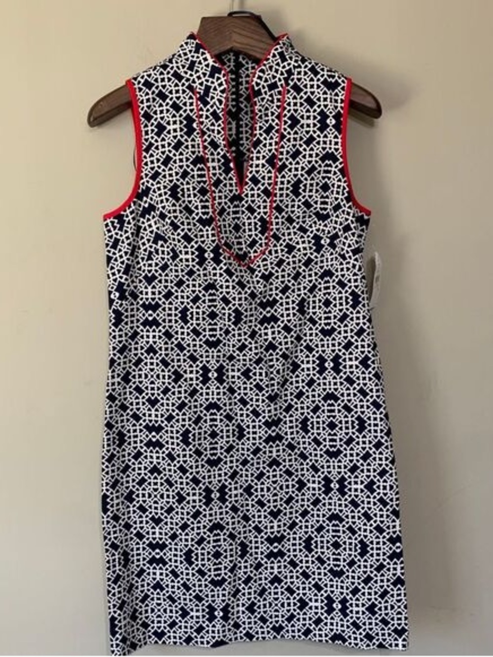 Jessica Howard Navy and White Geometric Sleeveless Shift Dress with Coral Trim